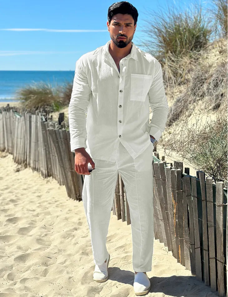 Tenue D'été 2 Pièces Pour Homme En Lin - Pantalon Décontracté Et Veste à Col Cubain, Style Casual, Léger Et Respirant
