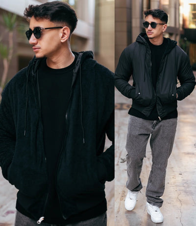 Veste Réversible en Fourrure Noir Intense