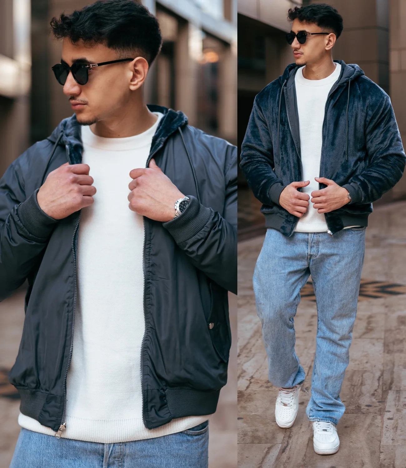 Veste Réversible en Fourrure Gris Anthracite