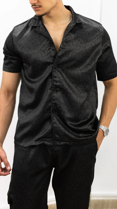 ENSEMBLE PANTALON ET CHEMISE À MOTIFS EN SATIN- noir