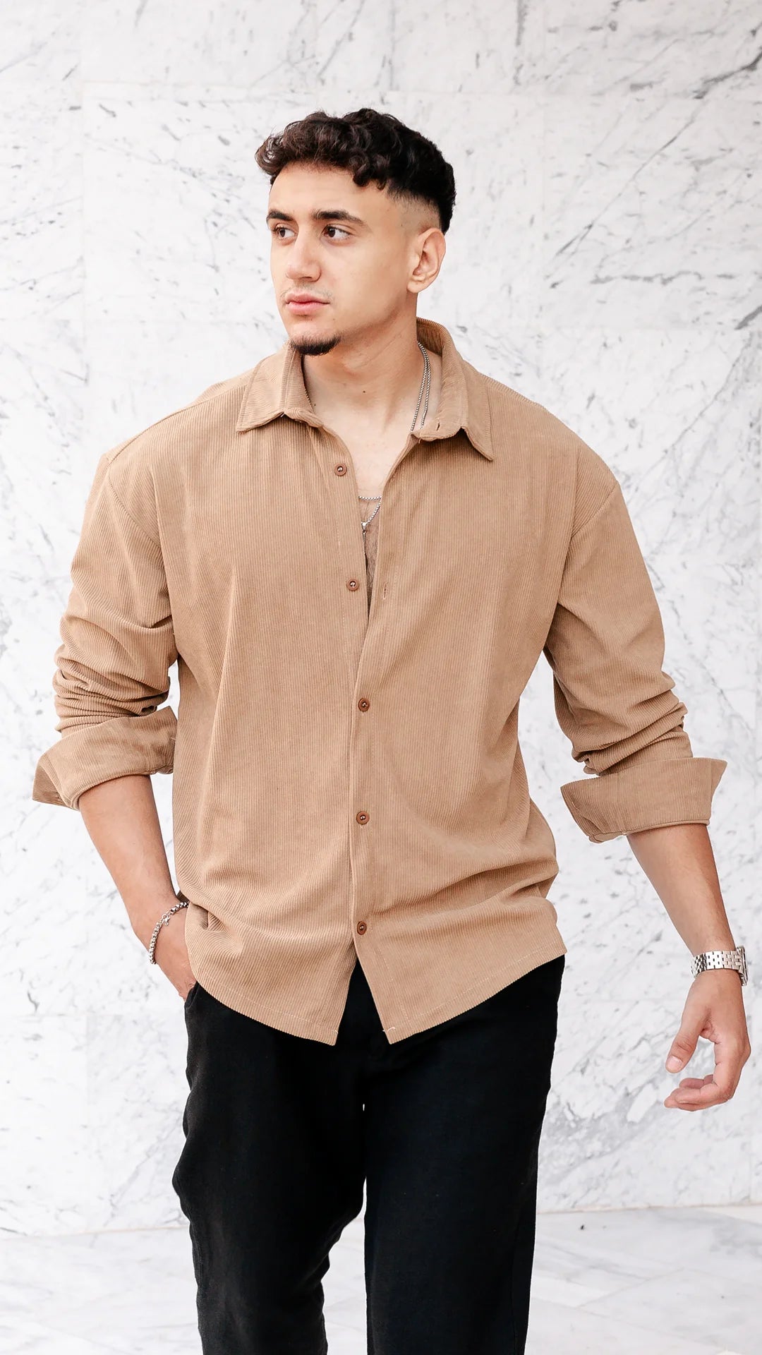 Chemise oversize en velour - Camel Tabac