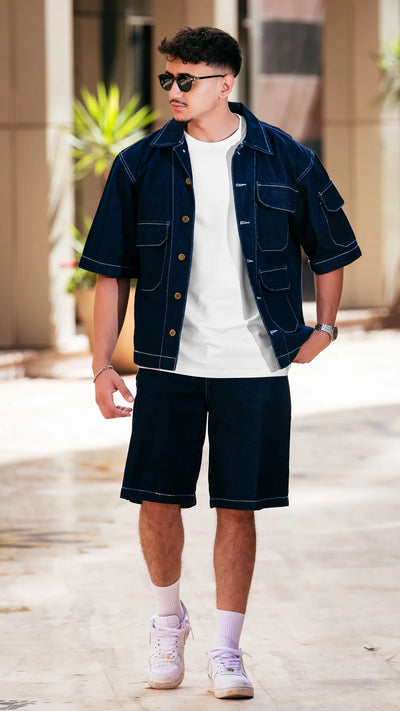 Ensemble en jean short et chemise™️ - Bleu Streetwear
