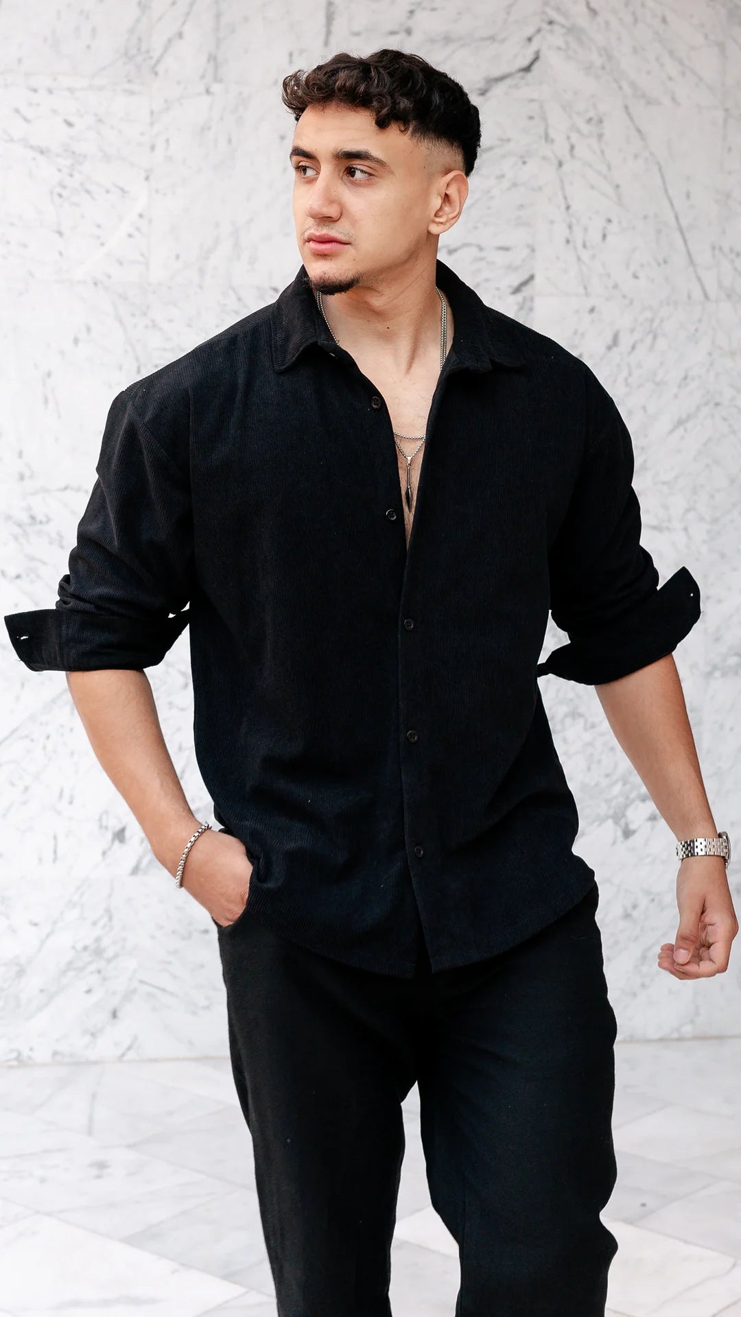 Chemise oversize en velour  - Noir cendré