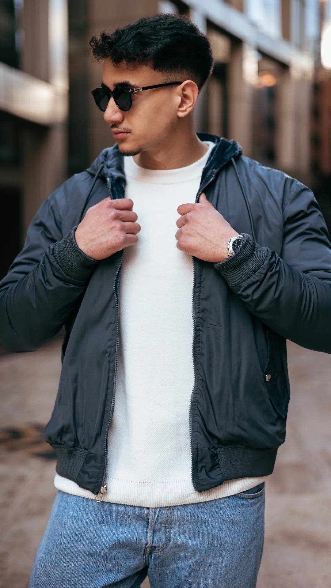 Veste Réversible en Fourrure Gris Anthracite