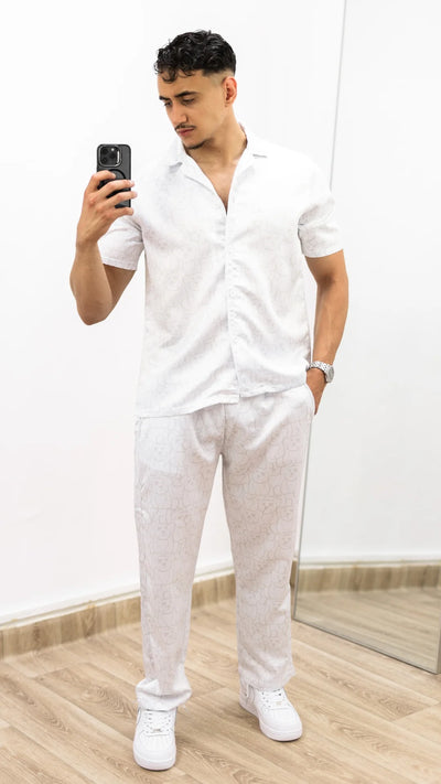 ENSEMBLE PANTALON ET CHEMISE À MOTIFS EN SATIN- Blanc