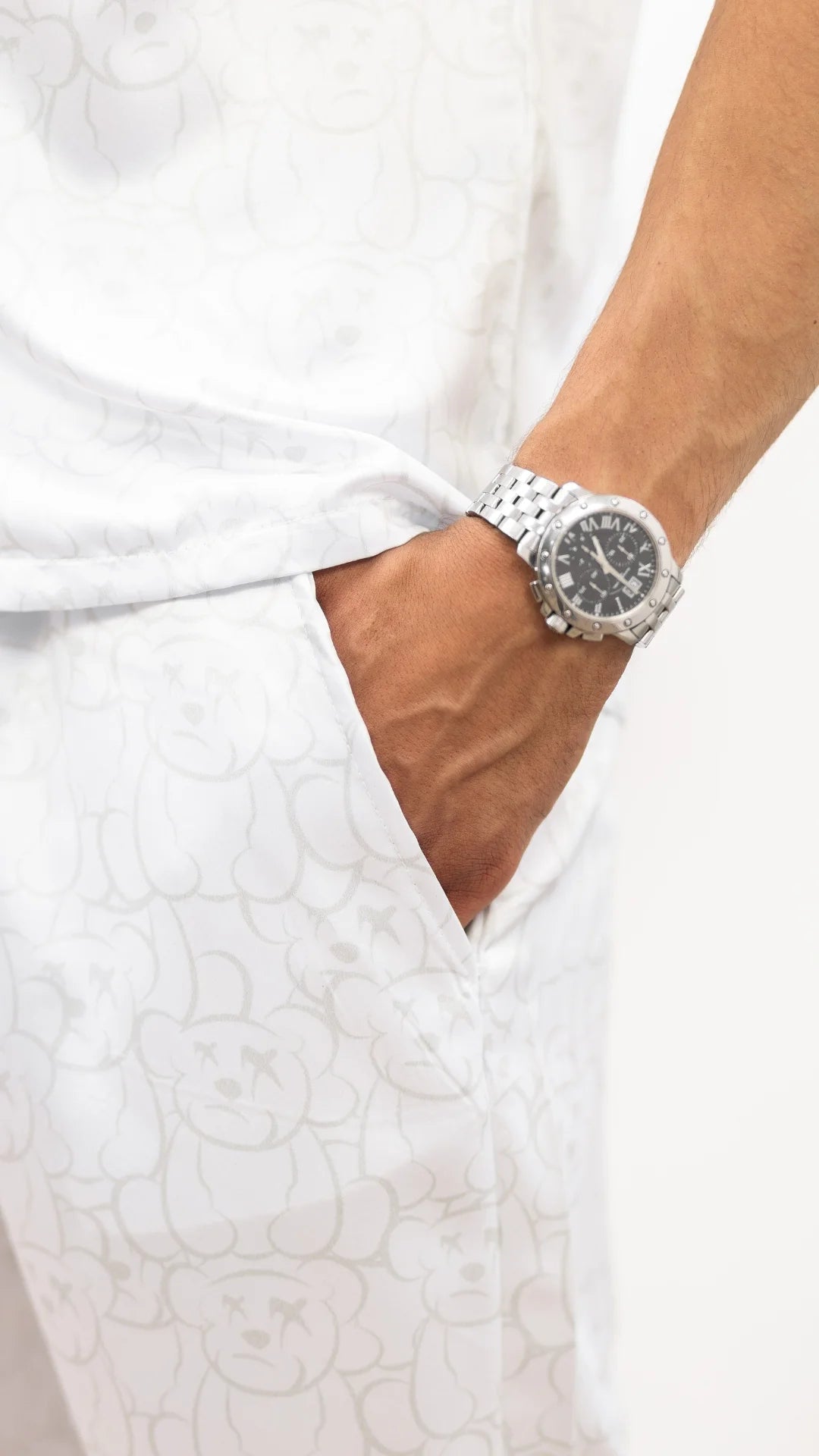 ENSEMBLE PANTALON ET CHEMISE À MOTIFS EN SATIN- Blanc