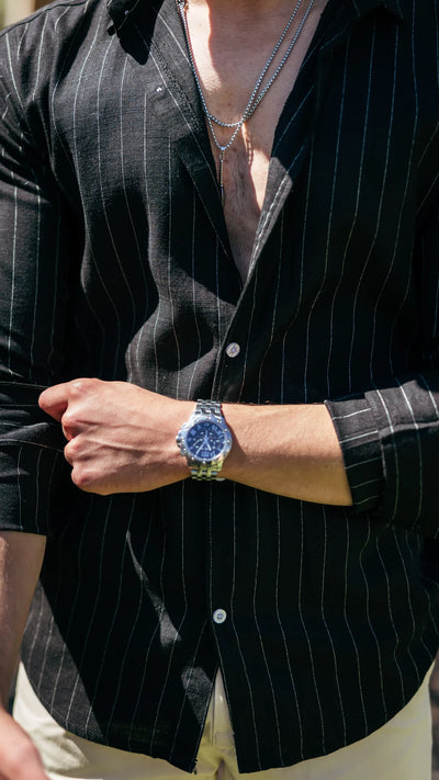 Chemise rayée en lin- Noir