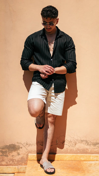 Chemise rayée en lin- Noir