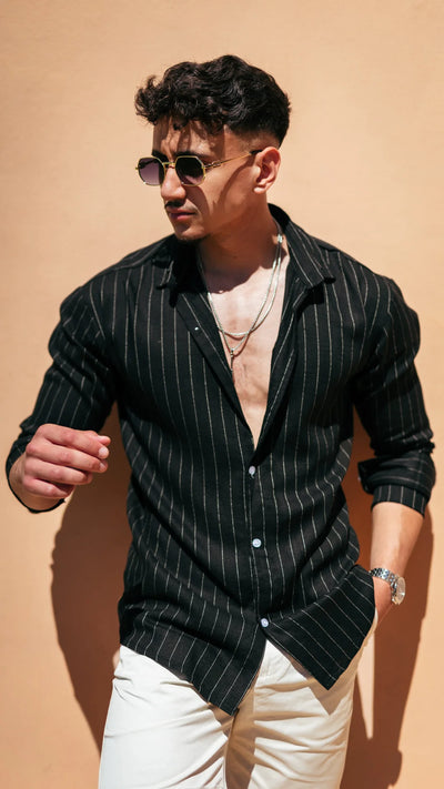 Chemise rayée en lin- Noir