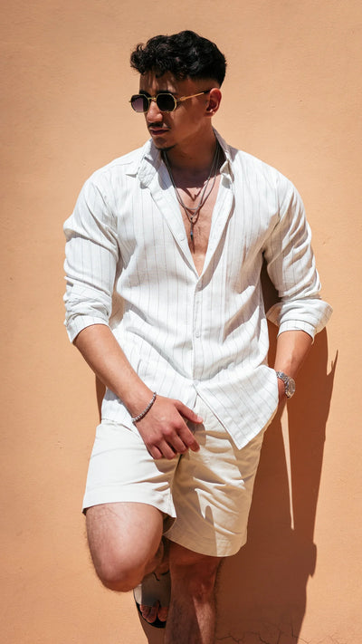 Chemise rayée en lin- Blanc