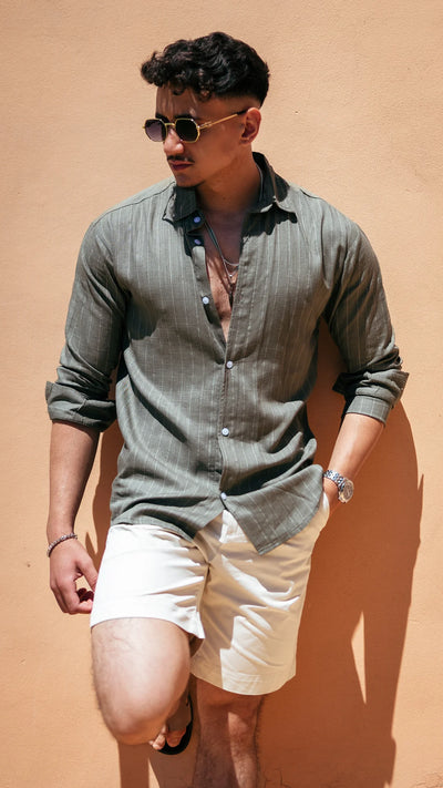Chemise rayée en lin- Vert