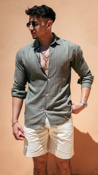 Chemise rayée en lin- Vert