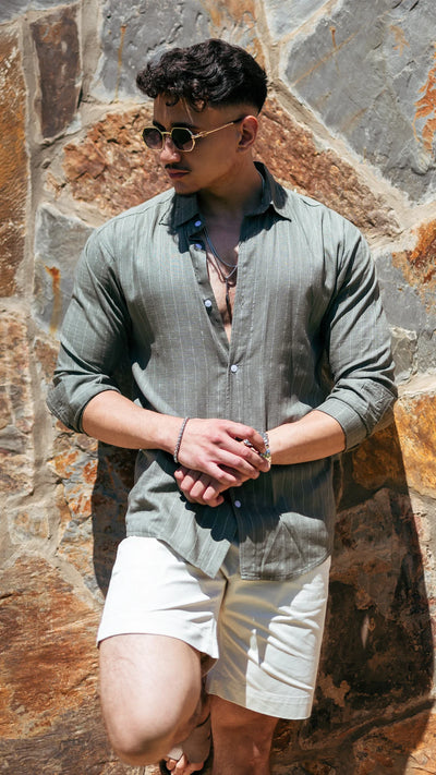 Chemise rayée en lin- Vert