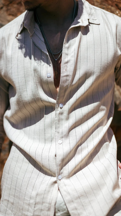 Chemise rayée en lin- Beige