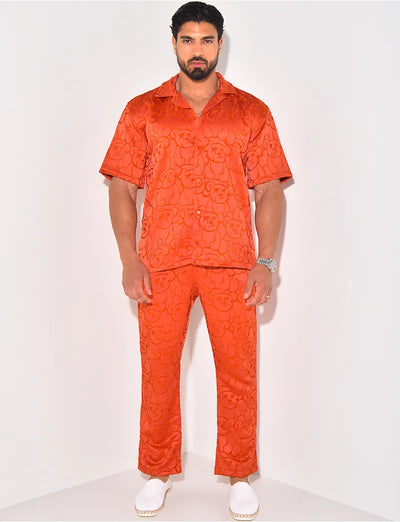 ENSEMBLE PANTALON ET CHEMISE À MOTIFS EN SATIN- Summer time Orange