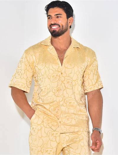 ENSEMBLE PANTALON ET CHEMISE À MOTIFS EN SATIN- Beige