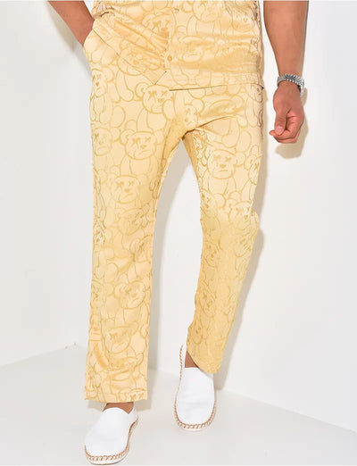 ENSEMBLE PANTALON ET CHEMISE À MOTIFS EN SATIN- Beige