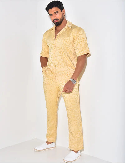 ENSEMBLE PANTALON ET CHEMISE À MOTIFS EN SATIN- Beige